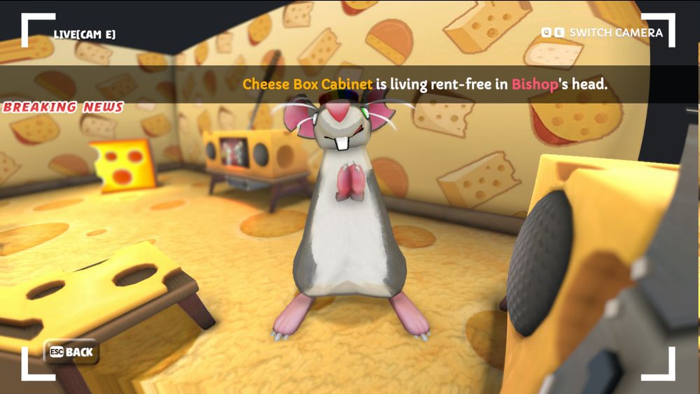 Screenshot from Squeakross: a cheese-themed room, with a grey and white rat clapping as "Breaking news" text scrolls across the screen, which reads: "Cheese Box Cabinet is living rent-free in Bishop's head."