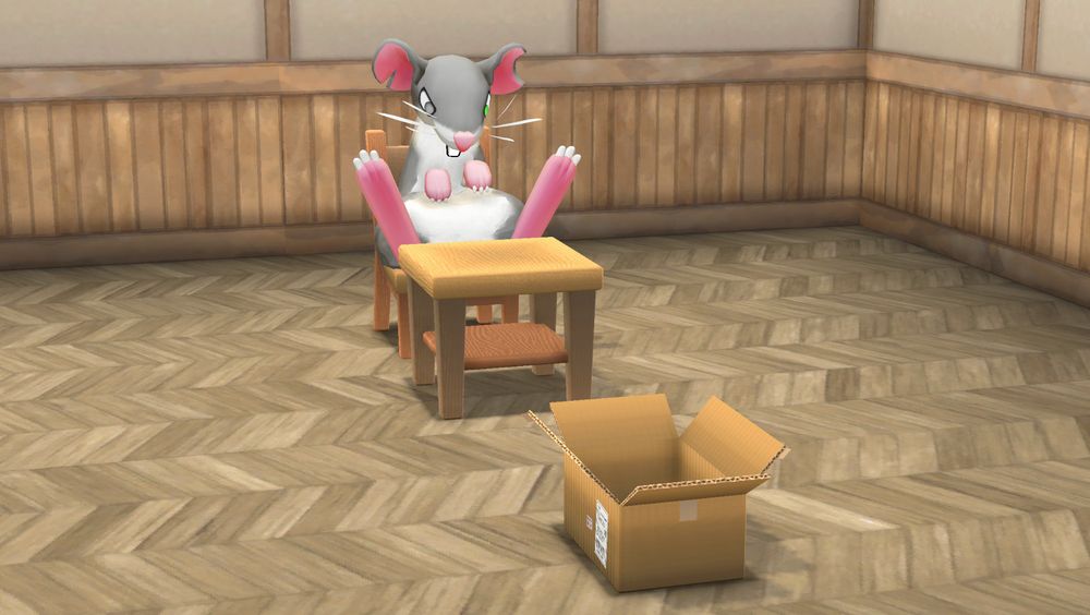 Screenshot from the Steam game Squeakross: Home Squeak Home. Close-up of a grey and white rat sitting on a chair.