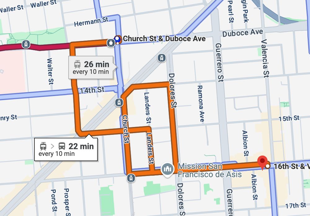 a screenshot of Google Maps in transit route mode, showing the 22 fillmore bus taking a very circuitous route from Church and Duboce to 16th and Valencia