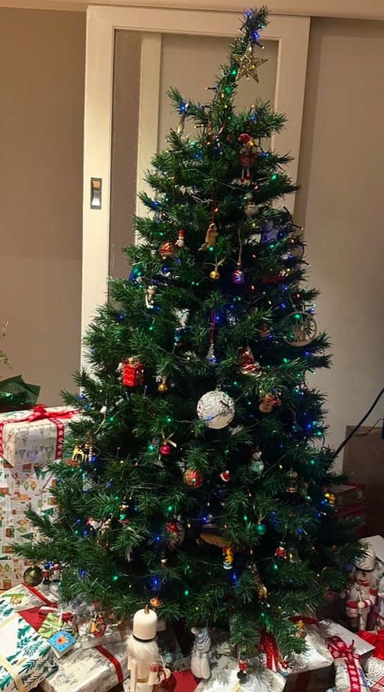 Decorated, green Christmas tree surrounded by wrapped presents. 