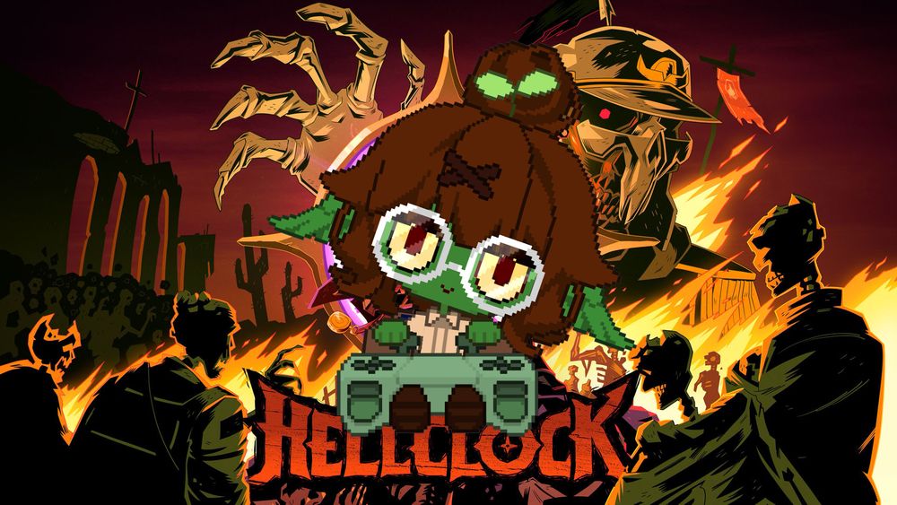 my vtuber pixel model in front of hell clock's title screen