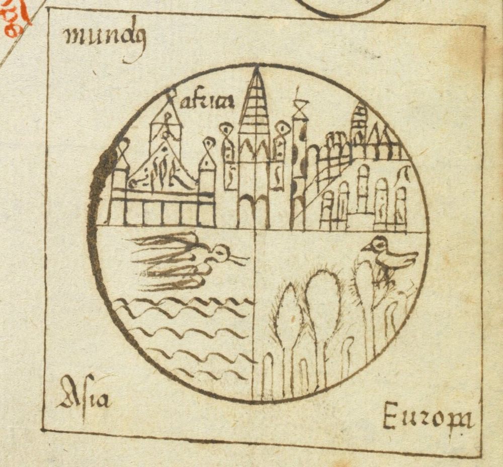 You see a drawn world map from an early modern manuscript page that is nowadays in the St. Gallen, Kantonsbibliothek (VadSlg Ms. 391). The map features south at the top, and shows "africa" in the upper part, “Asia” in the lower part left, and “Europa” in the lower part right. 