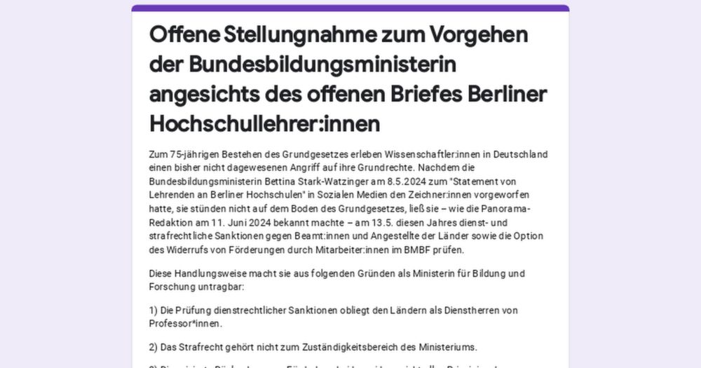 Offene Stellungnahme zum Vorgehen der Bundesbildungsministerin angesichts des offenen Briefes Berliner Hochschullehrer:innen