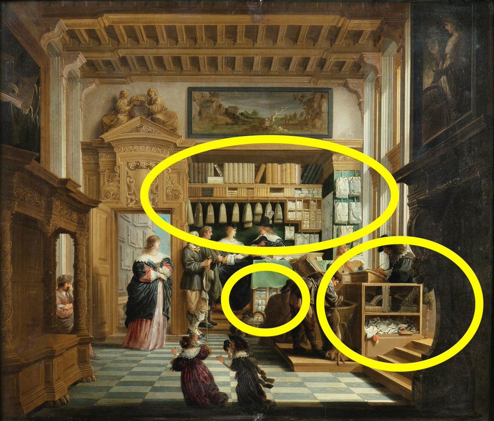 The painting "Lawyer's Cabinet" by Dirk van Delen, dated 1642. You see an interior of a contemporary (Dutch) lawyer's office with lots of books, and papers. The details are described in this thread. A source for the digitized painting is: https://upload.wikimedia.org/wikipedia/commons/1/1a/Dirck_van_Delen_-_The_Lawyer%27s_Cabinet.jpg