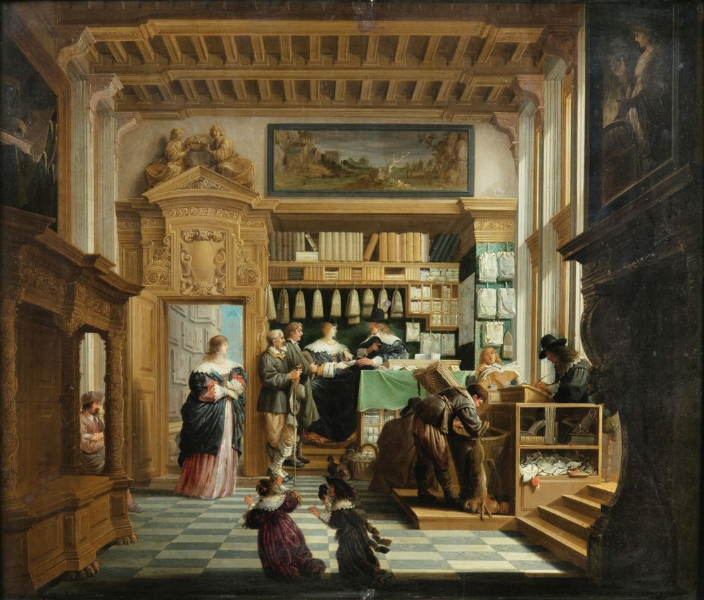 The painting "Lawyer's Cabinet" by Dirk van Delen, dated 1642. You see an interior of a contemporary (Dutch) lawyer's office with lots of books, and papers. The details are described in this thread. A source for the digitized painting is: https://upload.wikimedia.org/wikipedia/commons/1/1a/Dirck_van_Delen_-_The_Lawyer%27s_Cabinet.jpg
