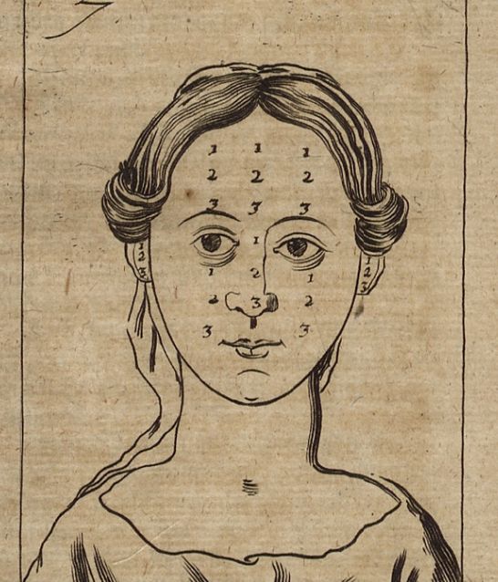 A woman with lots of 1-2-3 numbers on her face. 
