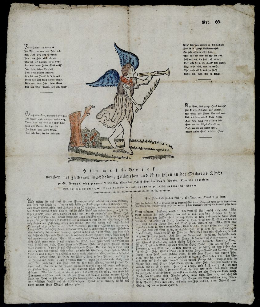 Himmels-Brief welcher mit güldenen Buchstaben, geschrieben und ist zu sehen in der Michaelis Kirche zu St. German, wird genannt Gredoria, allwo der Brief über der Taufe schwebt (1720)

http://resolver.sub.uni-goettingen.de/purl?PPN895407833