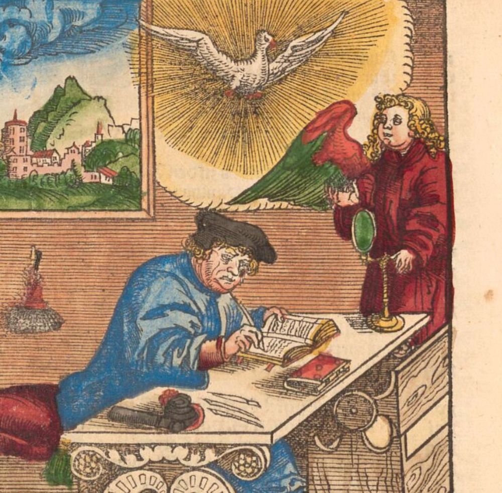 Martin Luther sits at a writing desk, writing, and a heavenly sent dove is illuminating the room. This is a hand coloured part of a bible print from 1530. You may access a digital copy here: https://daten.digitale-sammlungen.de/~db/0011/bsb00113027/images/index.html