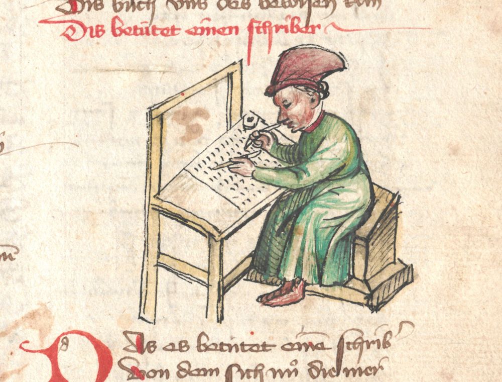 A detail from Konrad von Ammenhausen's Schachzabelbuch: an illumination of a "Schriber" (1414), a writing man sitting at a table, holding a quill, writing on parchment or paper. Source: BSB München, BV037274467