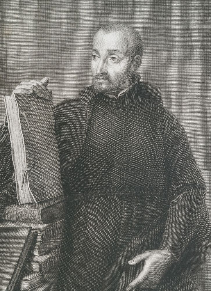 Engraving of El P. Diego Lainez showing him quite proud holding a big book (https://digitalcollections.nypl.org/items/510d47dc-9906-a3d9-e040-e00a18064a99)