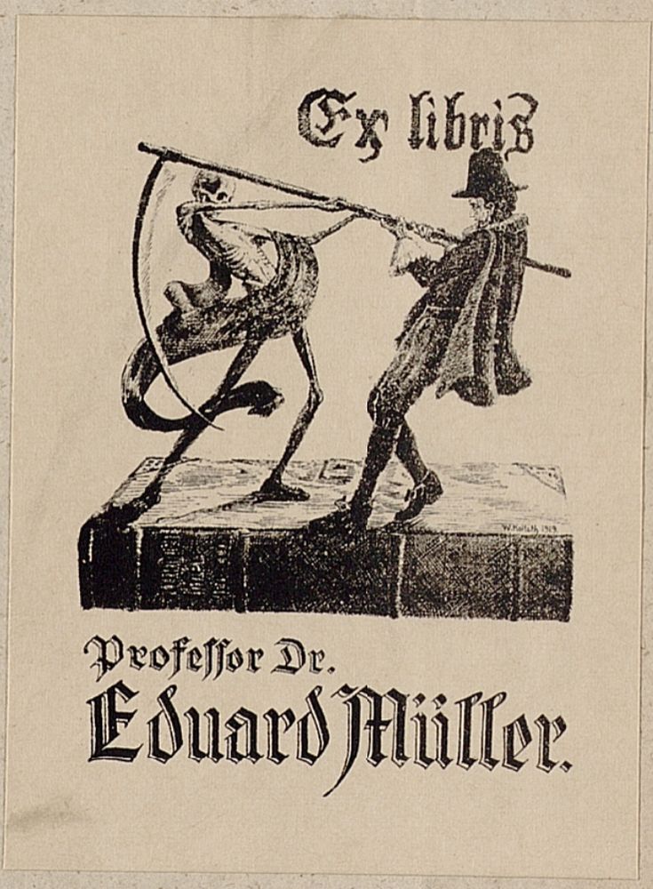 "Ex libris Professor Dr. Eduard Müller". This ex libris - showing a Man fighting Death on a giant book - is glued into a medical book from 1793. Source: http://resolver.sub.uni-goettingen.de/purl?PPN1804462381