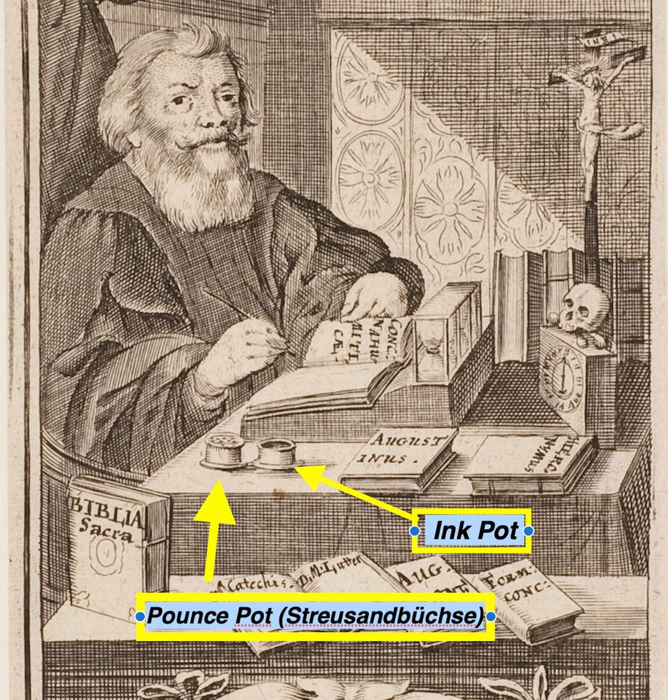 Detail from the title page of HAB A 4870 (https://dev.hab.de/portraits/werk/5301/) showing Conrad Dieterich sitting at a writing desk, surrounded by books, an ink pot, and a pounce pot, etc.