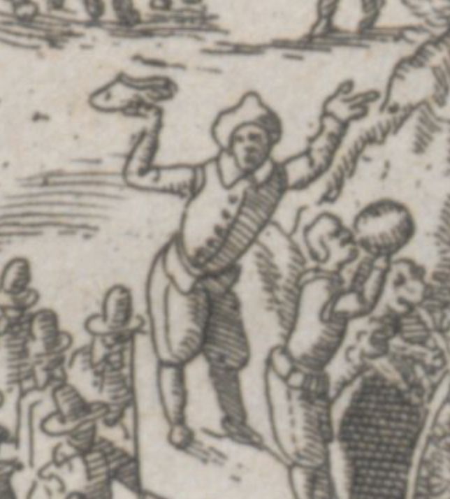 Another detail from the print: a man with a show in his hand, standing next to wine-drinkers on the fountain. 
