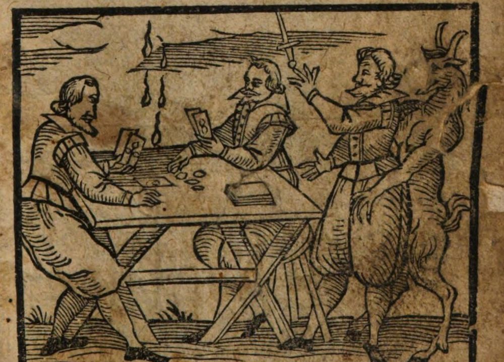 Detail from a printed image of a German news pamphlet from 1620 shwoing two men playing cards at a table, and one man with a devil standing next by. Source: https://www.digitale-sammlungen.de/de/details/bsb10925611