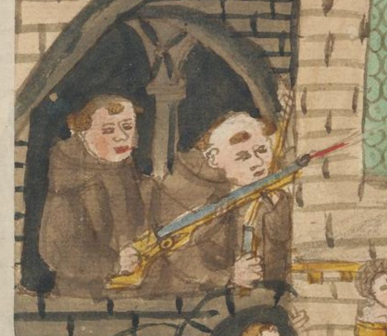 a colorized handdrawing of a news item showing two monks. The first is holding a gun and shooting, and the other was is assisting and loading the next bullet.