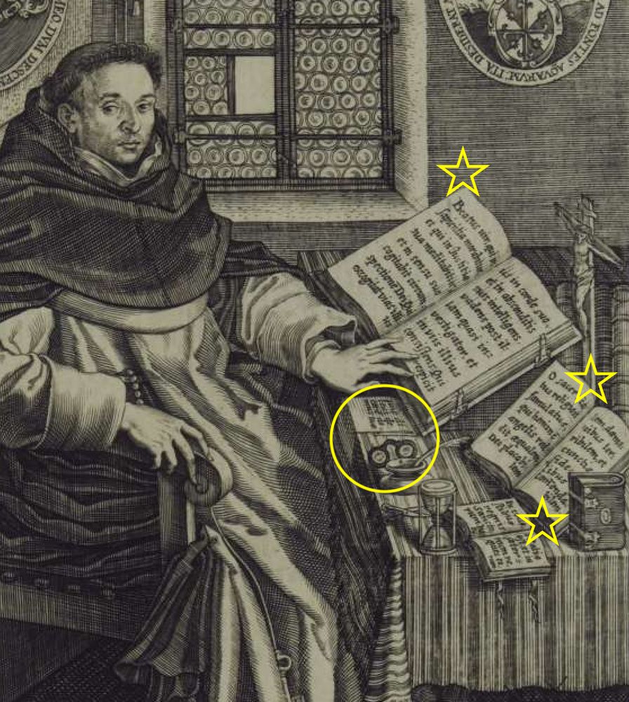 Detail of a copperplate print showing Carlos de Bastida y Biedma. The monk is sitting at his working desk, surrounded by opened books, and other objects. Source: https://dev.hab.de/portraits/werk/28624/ 