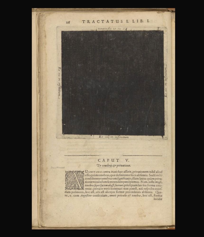 You see a black square representing the nothingness that was prior to the universe, printed in a book with a wood block. The book titled Robert Fludd "Utriusque cosmi maioris scilicet et minoris metaphysica..." (1617),
Access the page: https://wellcomecollection.org/works/gbbychu2/images?id=gzy3gujm