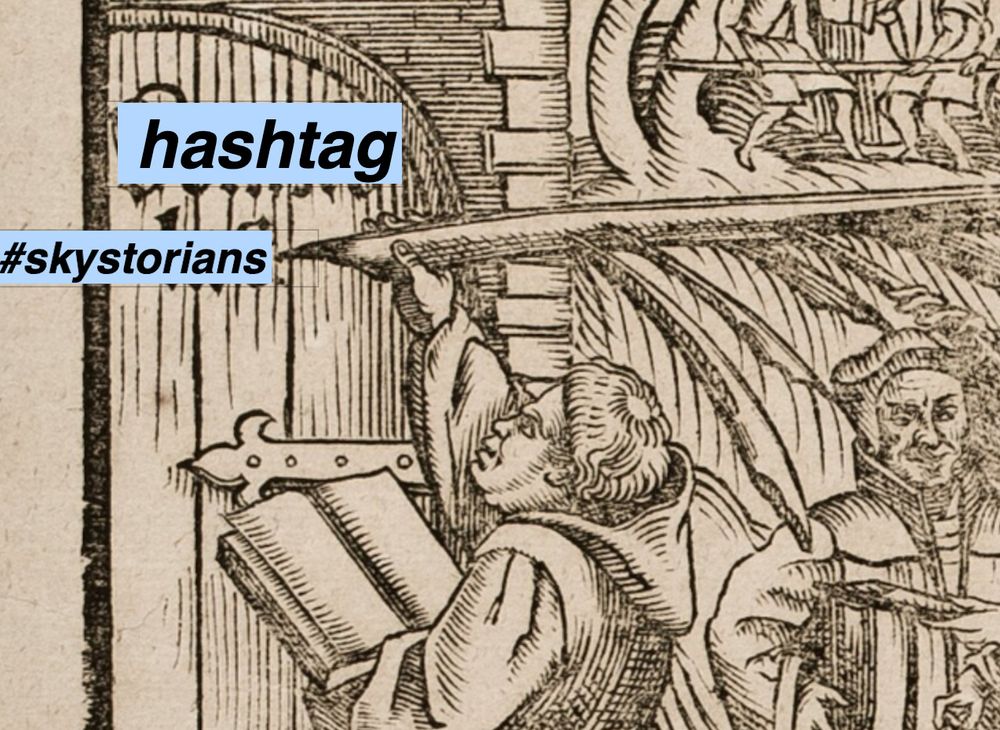 A detail from a broadside from 1617 Germany, showing Martin Luther using a giant quill to post his messages onto a church door is shown. Access the print with the title "Göttlicher Schrifftmessiger/ woldenckwürdiger Traum/ welchen der Hochlöbliche/ Gottselige Churfürst Friedrich zu Sachsen/ ..." here: https://www.bavarikon.de/object/bav:KVC-LUT-0000000000049386?lang=de
