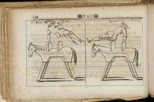 Page from Johann Andreas Schmidts, Fecht- und Exercitienmeisters Fecht-Kunst, oder leicht und getreue Anweisung auf Stoß und Hieb zierlich und sicher zu fechten (Nürnberg 1780). A man is trying to ride a wooden horse