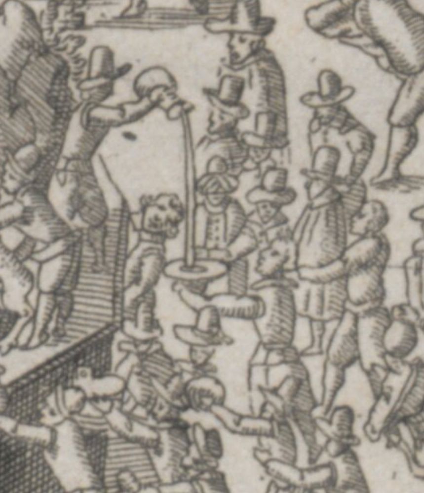 A detail from the print: a man collecting wine with his hat.