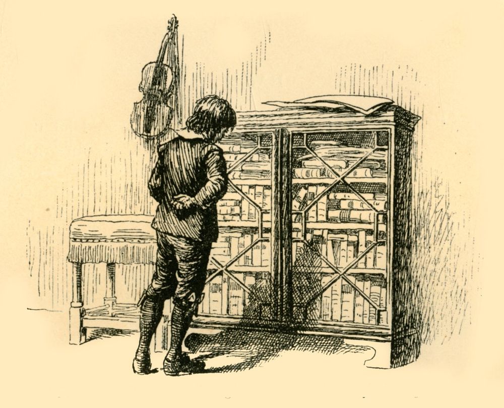 A boy standing in front of a cupboard filled with books. Ther image is from "Story-Lives of Great Musicians" by Francis Jameson Rowbotham.