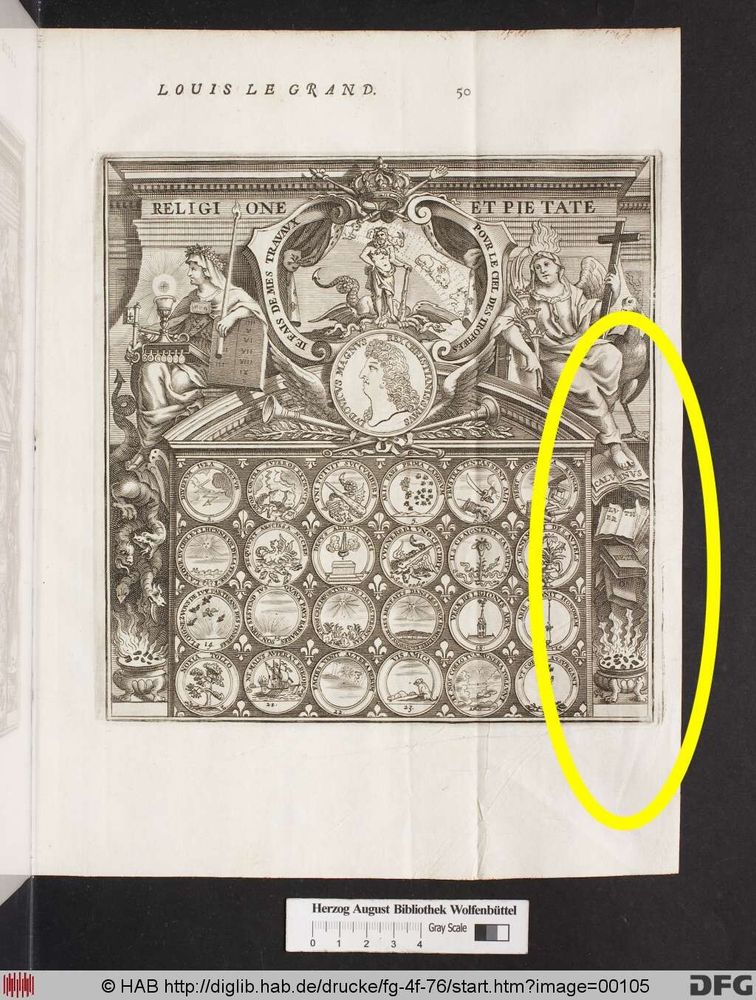 Claude-François Menestrier's „Histoire du roy Louis le Grand“ (Paris 1691), page 50. You see the French King, a Catholic, centered in a complex image showing, among many other details, a bookburning of Protestant books.