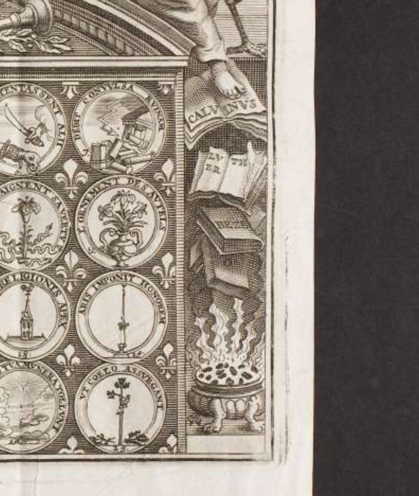 A detail of page 50 is highlighted: books from Calvin and Luther are falling into a fireplace.