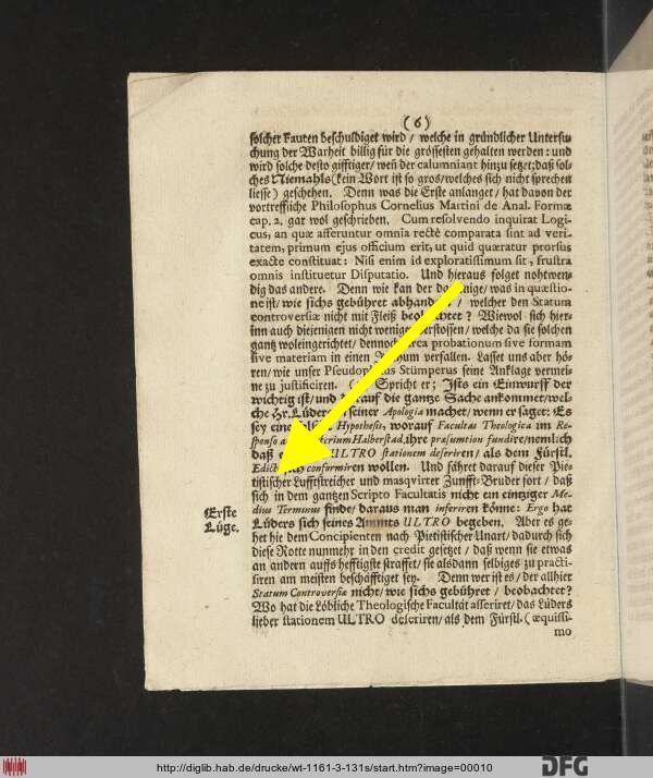 Eine Seite der Flugschrift "Kurtze Abfertigung Der Fledermaus Welche Unter der Masque eines falsch-genandten" (1695) mit der Marginalie "Erste Lüge".