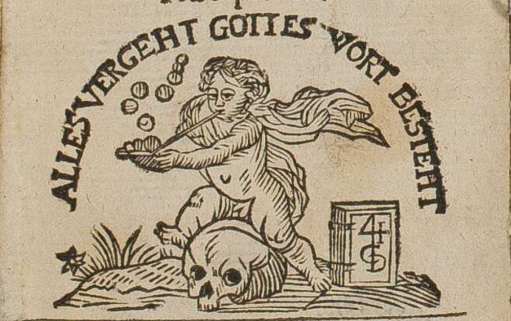 A detail from an early modern print showing a young boy jumping over a skull while blowing soap bubbles. The scene is framed with a memento mori theme: Alles vergeht Gottes Wort besteht". The publication "Zwölff Geistliche Andachten" was published in 1693 (VD17 23:704497Y).