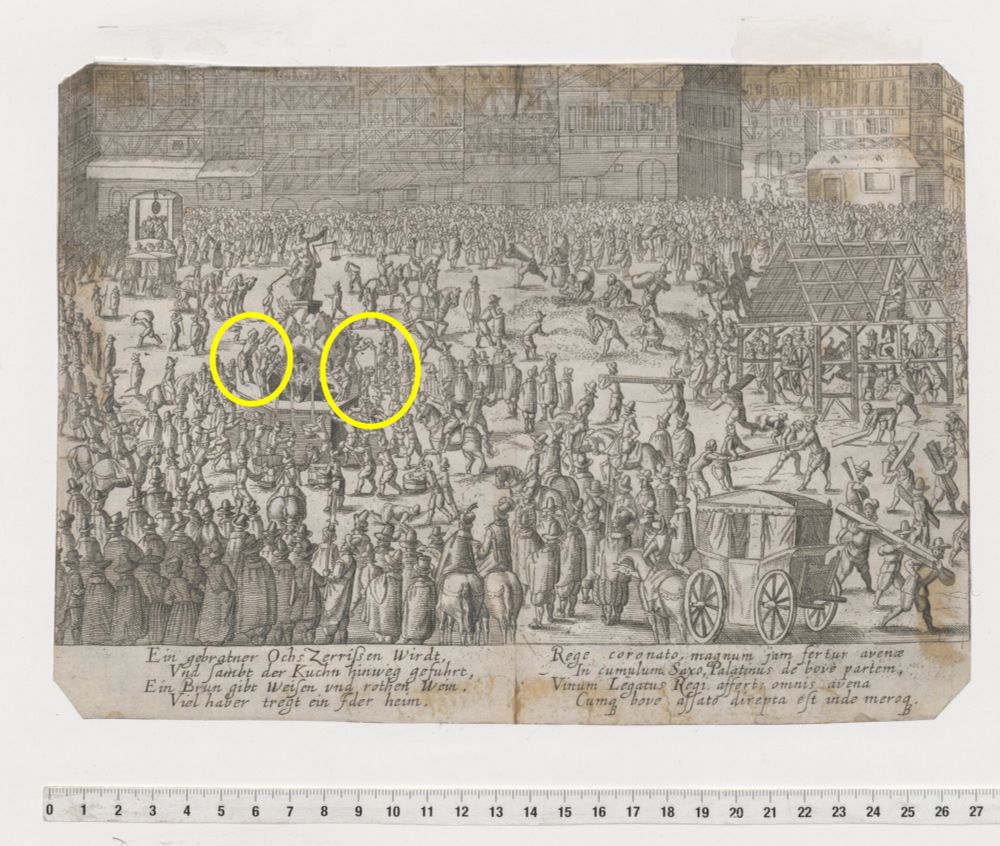 The print (VD17 12:667748V) captures the celebration of the coronation of Emperor Matthias in Frankfurt 1612. A crowded place can be seen with a fountain. The fountain offers white and red whine, the text says. 