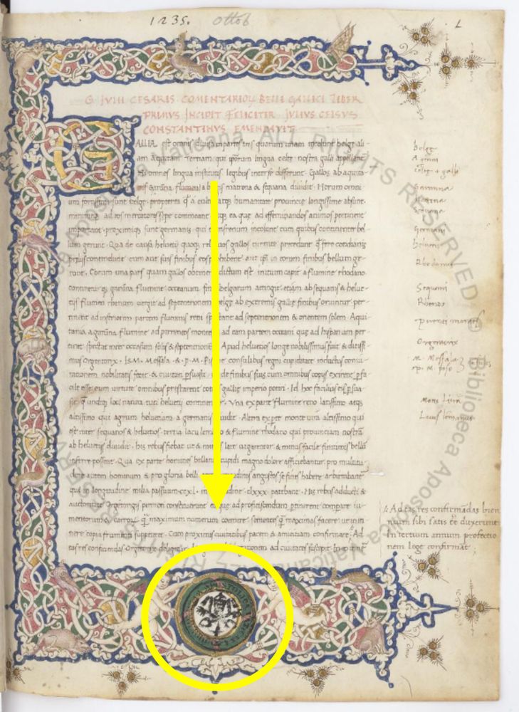 A Vatican library stamp is stamped  into the empty space left over for a miniature in an early modern manuscript. The page (1r) is from the Vatican Library Ott.lat.1235. Access a digital copy here: https://digi.vatlib.it/view/MSS_Ott.lat.1235