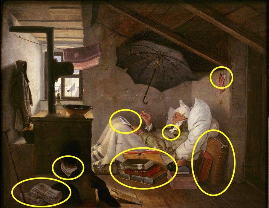 A man (the poor poet) is lying in his bed, being surrounded by old books, and he is working in his bed (likely writing a new poem). The setting of the room, an attic room, is unpretentious.

The painting is from Carl Spitzweg, titled Der arme Poet, and was likely made around 1839. You may find the painting in the Bayerische Staatsgemäldesammlungen - Neue Pinakothek München, URL: https://www.sammlung.pinakothek.de/de/artwork/9pL3KbKLeb (Zuletzt aktualisiert am 30.10.2024).