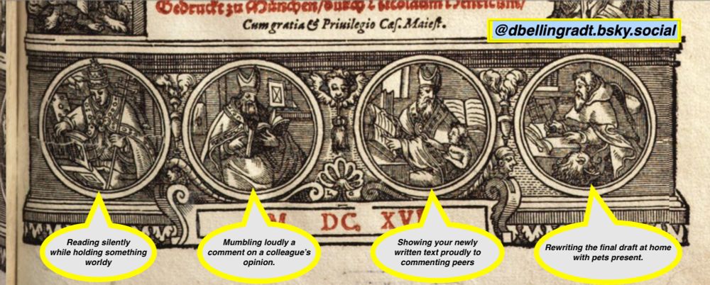 Detail of the title page of "Postill Oder Außlegung aller Sonn Fest und Feyrtäglichen Evangelien durch das gantze Jar Advent und Fasten: Darinnen uber jede Evangelien, außbündige, schöne und fürtreffliche Theologische, Moralische, auch Politische Concept, discurs, und erklärungen, allerley Figuren, Gleichnussen und Exempeln, begriffen seyndt" (Munich, 1616). VD17 12:628747D

The four evangelists are shown next to each other, each of them doing book related work.