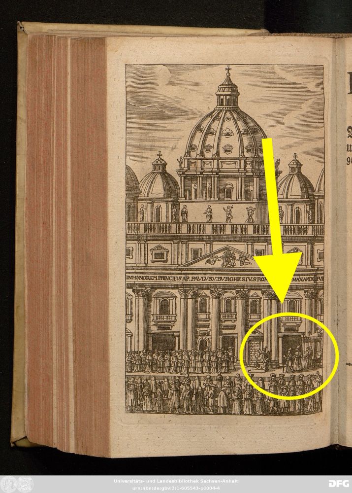 Frontispiece of "Der Fliehende Passagier Durch Europa", part 6 (vd17 3:602997Q) showing a crowded place in the Vatican, with the Pope present (sitting), a lot of cardinals, and a clerical crowd, and on the right: two Swiss Guards. 