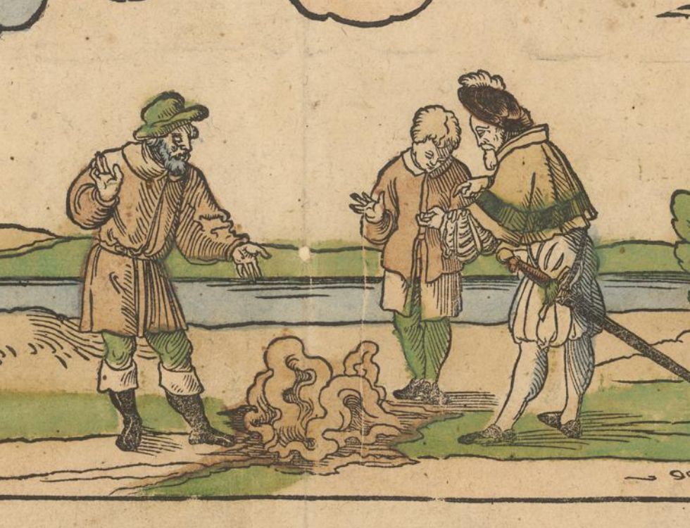 Three men standing on an early modern street near Halle. A spring of blood, a wonder, is their focus. 

Weigel, Hans: Dis Jars Anno Daussent Fünff-Hundert. [Nürnberg] : Gedruckt durch Hanns weygel, [1550?]. Zentralbibliothek Zürich, PAS II 2/21, https://doi.org/10.7891/e-manuscripta-92204 / Public Domain Mark