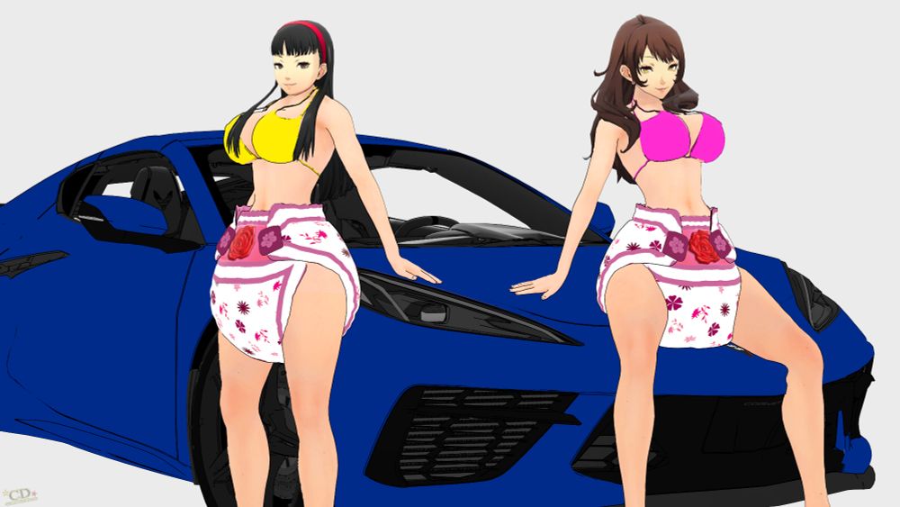 Rise and Yukiko as padded models with a corvette. Something about sexy girls and sports cars that go well together, you know?
