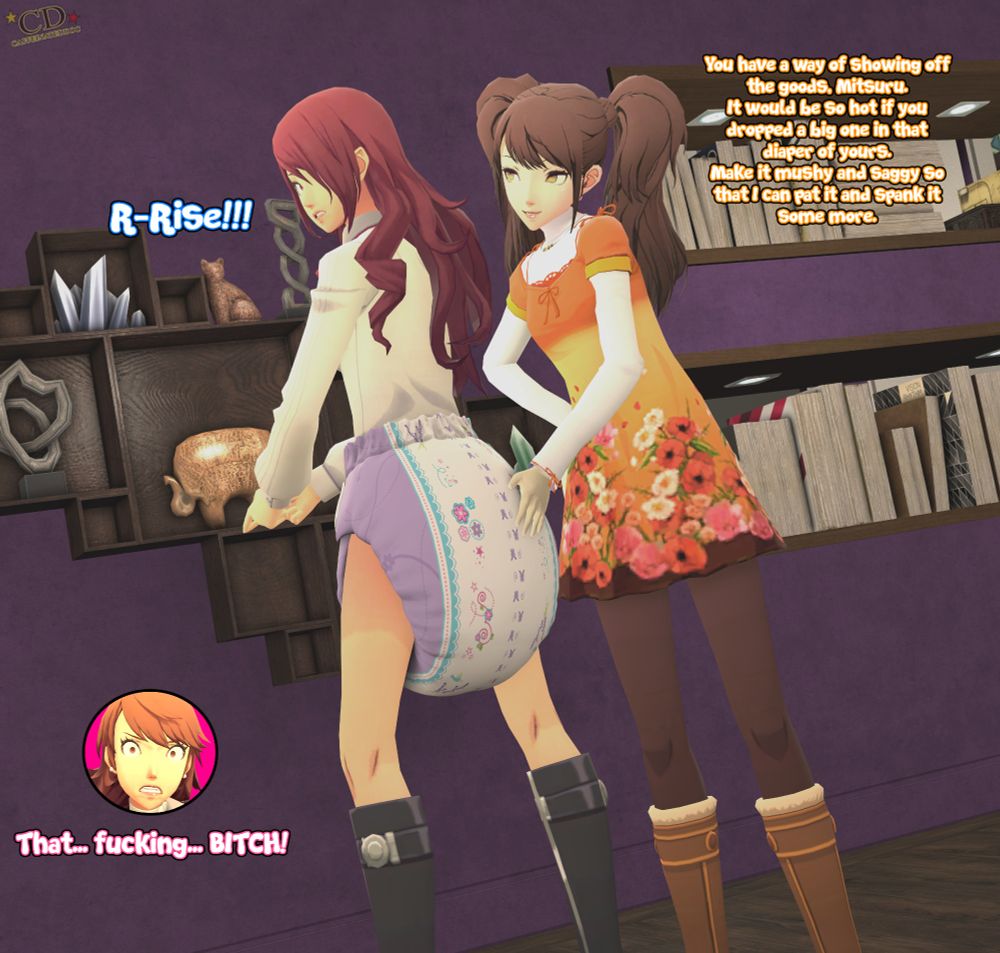 Rise knows how much Mitsuru loves to show off her fancy Lavenders diapers to everyone. So, like the dominating mother figure she is, she teases Mitsuru and even tells her to fill it. However, envy takes over Yukari as she watches this whole scenario unfold. It could be part of Rise's plan, maybe...
