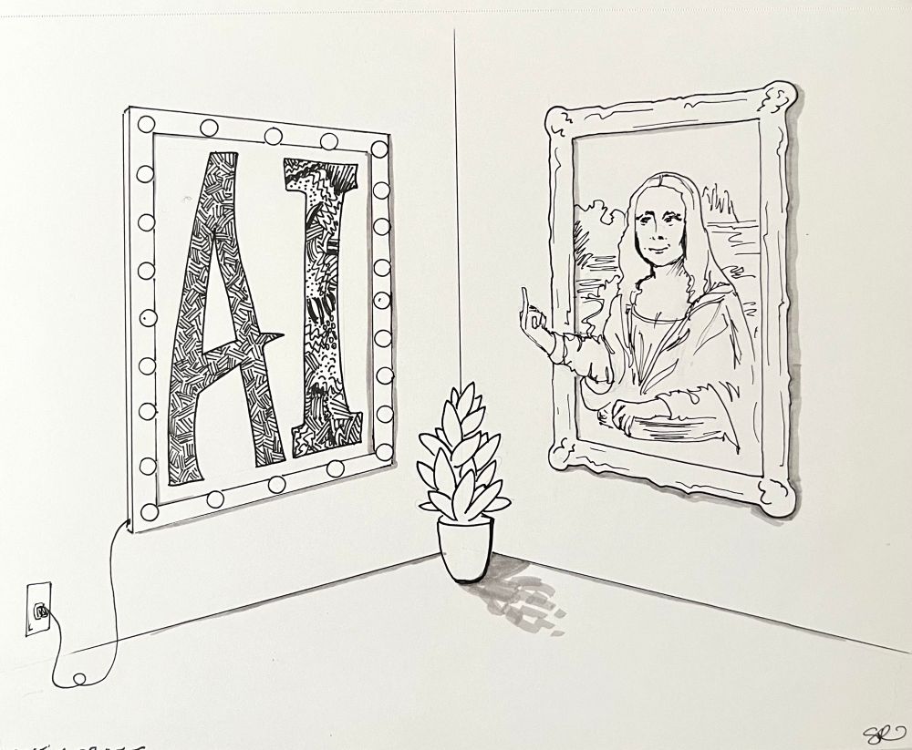 Drawing of the Mona Lisa flipping off AI “art” in a frame of light bulbs plugged into the wall. #fuckAI 