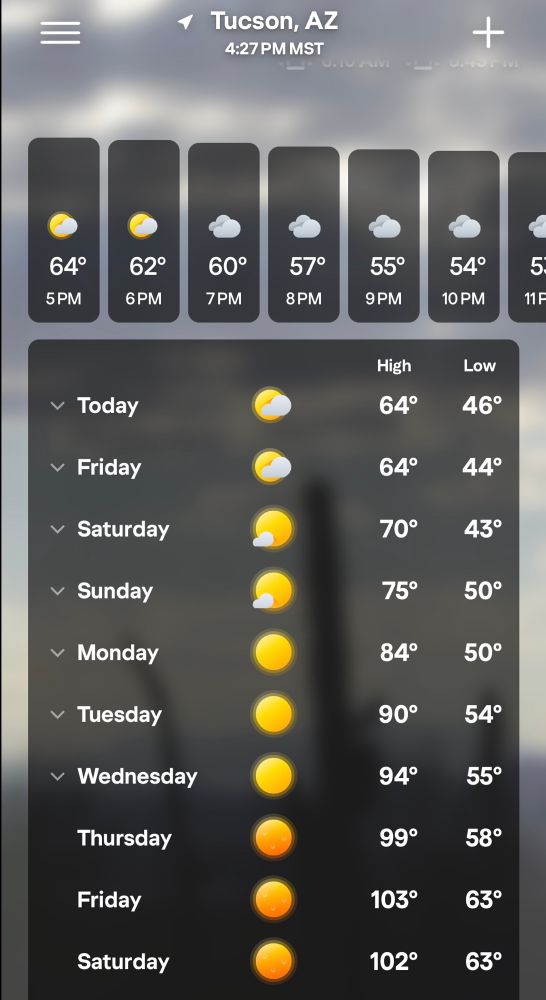 Weather forecast for Tucson showing a high of 64 today and 103 next week. 😭