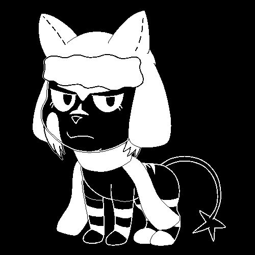Black-and-white digital drawing of a Litten Pokemon in an Undertale/Deltarune-inspired style. She has a wintery hat on her head and a scarf with two tails around the sides.

She’s looking at the “camera”, with a bit of a scowl. Notably, her head is a LOT bigger than her body.