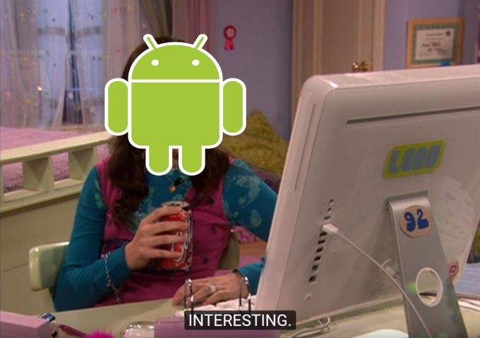 Iconic Miranda Cosgrove in the hit show iCarly staring at her iMac screen with a drink in her hand. A caption reads: "Interesting"