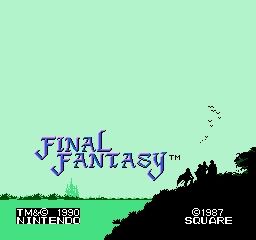 The title screen to Final Fantasy on the NES. Four silhouettes of the Light Warriors on a hill in the foreground look back to Corneria on the horizon. The words "Final Fantasy" are in a stylized purple and indigo font.
