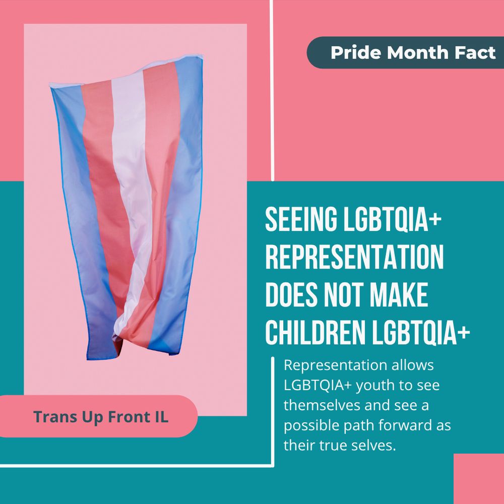 Infographic with teal background and pink accents. Photograph of trans flag on a light pink background. Text says: Pride Month Fact: Seeing LGBTQIA+ representation does not make children LGBTQIA+. Representation allows LGBTQIA+ youth to see themselves and see a possible path forward as their true selves.