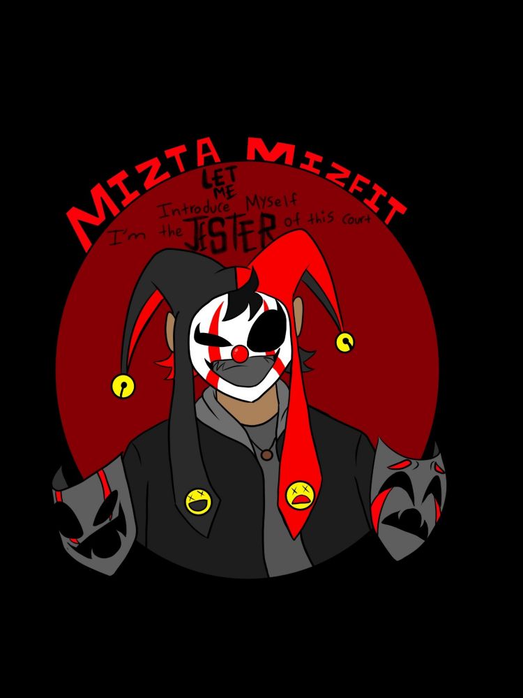 A clown wearing a sinister face of comedy mask and a jester hat split in colors between black and red. the text in the middle says " let me introduce myself, I'm the jester of this court"