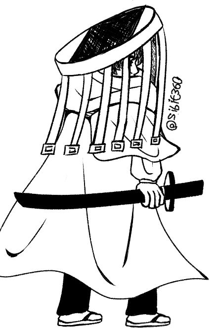 A black and white Sketch of Uruha from Kagurabachi in his hat and cloak, holding a sword
