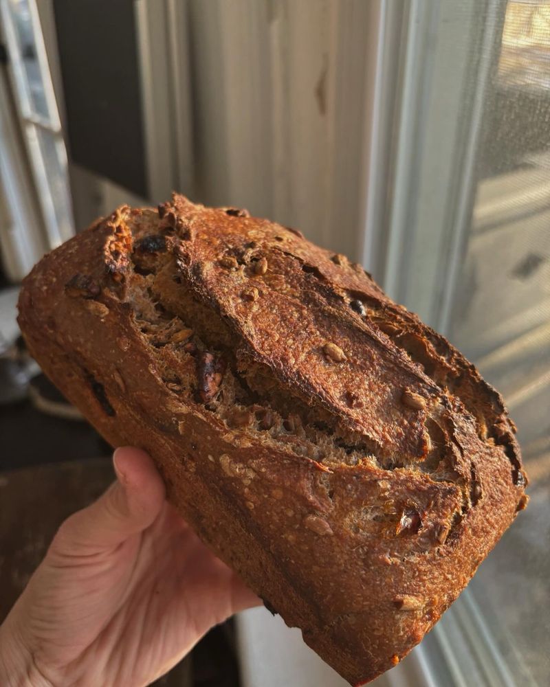 A loaf of seedy bread held by a hand