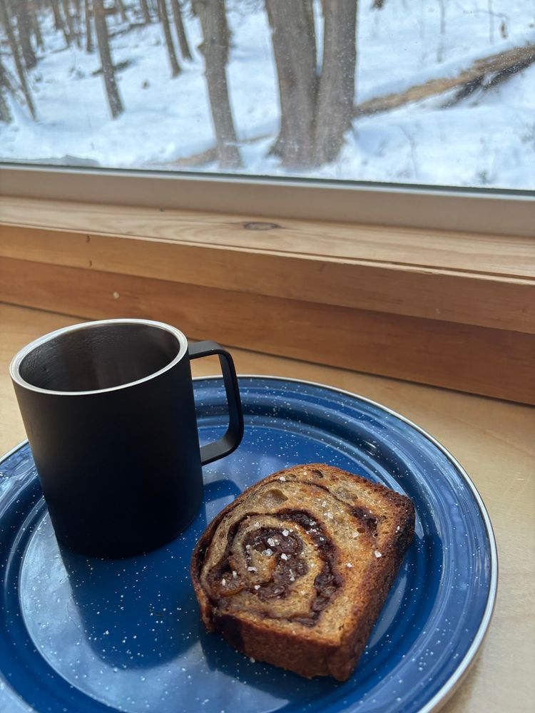 a slice of griddled cinnamon raisin bread on a plate next to mug in front of a window looking out onto snowy trees