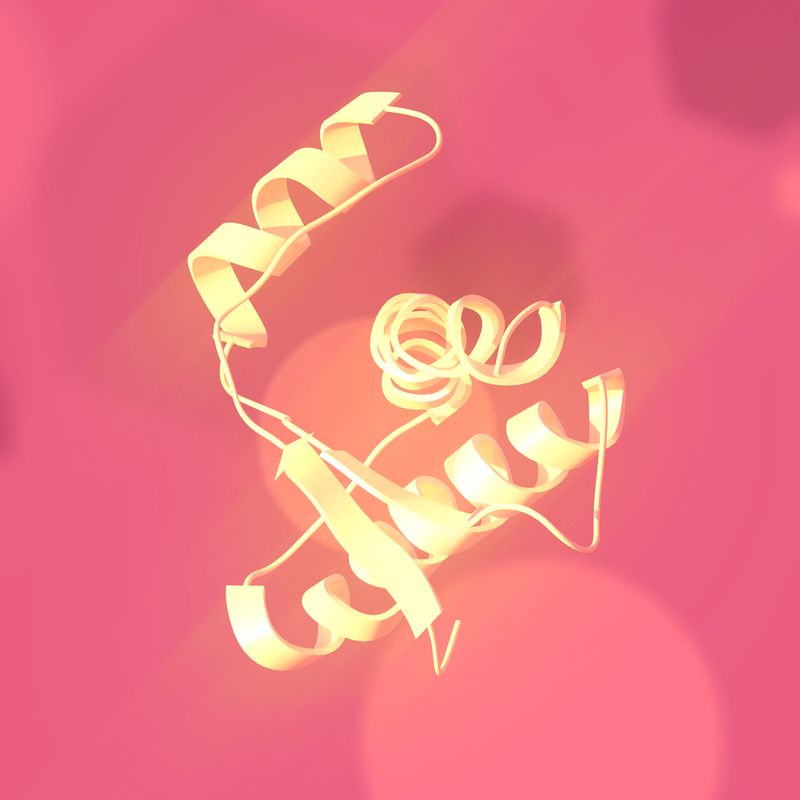 A render of the structure of the major prion protein. The protein is colored a soft yellow, and sits on a peach-red background with large sporadic lighter and darker spots of light.