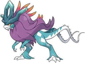 Walking Wake, a light blue Pokémon with argyle markings in white and a large purple lion's mane. It has a dark blue rock-like crest protruding from its forehead with a crystal shape, a saurischian stance, beaky mouth, and two tails with spines.