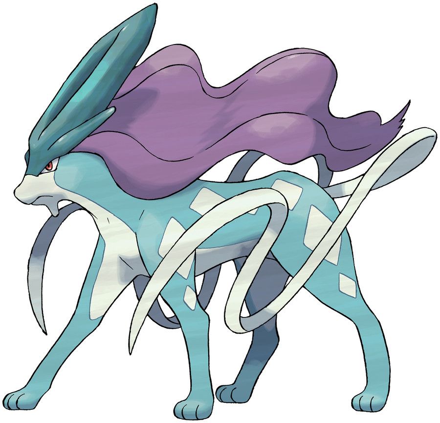 Suicune, a light blue Pokémon with argyle markings in white and long flowing purple hair coming from the head over its back, like a cape. It has a large, horn-like dark blue crest from its forehead with a crystal design, a pawed quadraped stance, mouth that dips forward in the front but is not quite a beak, and twin ribbons coming from its hind as if tails.
